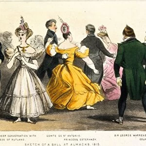 Beau Brummell (second from left) at a ball at Almacks in London in 1815. Color lithograph, 19th century