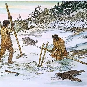 BEAVER HUNTING, 19th CENT. Native Americans, wearing leather clothing against the cold and snow