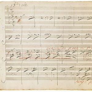 BEETHOVEN MANUSCRIPT, 1806. Manuscript page from Ludwig van Beethovens String Quartet in C Major, Op. 59 No. 3, showing the beginning of the last movement
