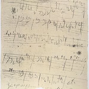 BEETHOVEN MANUSCRIPT, 1826. Sketches for Ludwig van Beethovens String Quartet in C Sharp Minor, Op. 131, showing the second movement, 1826