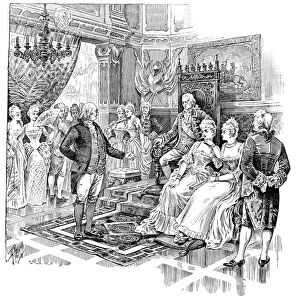 Benjamin Franklin being presented to King Louis XVI and Queen Marie Antoinette at the French court at Versailles in 1778. Line engraving, 19th century