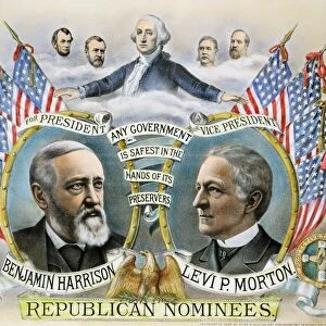 Benjamin Harrison and Levi P. Morton as the Republican party candidates for President and Vice President. Lithograph campaign poster by Kurz & Allison, 1888