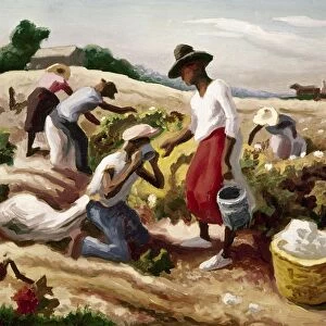 BENTON: FIELD WORKERS, 1945. Field workers picking cotton. Oil on canvas by Thomas Hart Benton, 1945