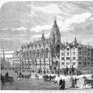 BETHNAL GREEN MARKET, 1869. Columbia Market, a model marketplace adjoining the model lodgings built for working-class families in Bethnal Green, London, England. Wood engraving, English, 1869