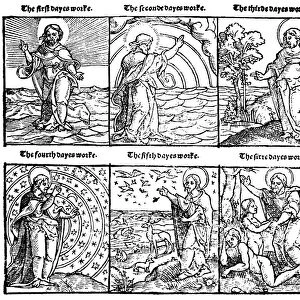 BIBLE: THE CREATION. Woodcut from Miles Coverdales Bible, 1535, depicting the