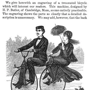 BICYCLE BUILT FOR TWO. Wood engraving, 1869, American