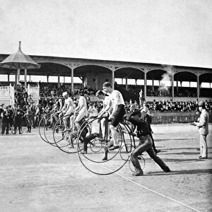 BICYCLE RACE, 1890. A racing meet of the League of American Wheelmen. Stereograph, 1890