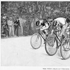 BICYCLE RACE, 1896. Who Wins? Illustration by Charles Broughton from an American newspaper of 1896