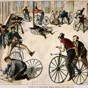 BICYCLE RIDING SCHOOL 1869. In New York City at the time of the first American bicycle craze: line engraving from a contemporary American newspaper