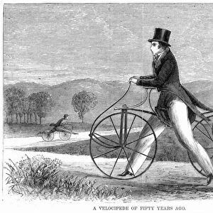 BICYCLING, 1819. The Draisine, or Pedestrian Curricle, invented by Karl von Drais de Sauerbrun in 1816 and introduced into the United States in 1819. Wood engraving, 1869