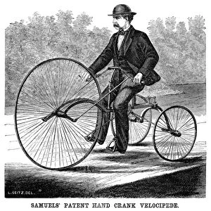 BICYCLING, 1869. Samuels patent hand crank velocipede. Wood engraving, American, 1869