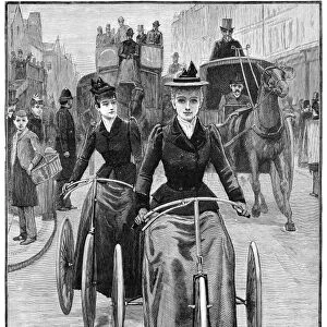 BICYCLING WOMEN, 1892. The Rights of Women: Emancipation. Wood engraving, American, 1892