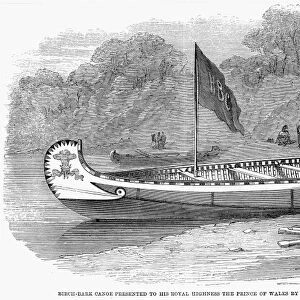 BIRCH-BARK CANOE, 1861. Birch-bark canoe presented to the Prince of Wales by the Hudsons Bay Company. Wood engraving, 1861