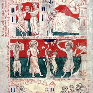 BIRTH OF JACOB & ESAU. Birth of Jacob and Esau (lower left);Esau brings rabbit to Isaac