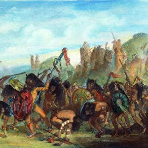 Bison dance of the Mandan Native Americans in front of their medicine lodge. Aquatint engraving, 1844, after Karl Bodmer