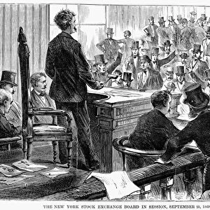 BLACK FRIDAY, 1869. The New York Stock Exchange board in session, 25 September 1869 - the day after the original Black Friday gold panic on Wall Street. Wood engraving from a contemporary American newspaper