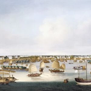 Boats in the Pearl River off Canton, China. Oil, c1845