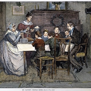 Bob Cratchits Christmas Dinner. After a drawing by Edwin Austin Abbey for Charles Dickens A Christmas Carol