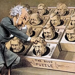 The Boss Puzzle: American political cartoon, 1880, showing Republican Senator Roscoe Conkling of New York blocking his rival political boss and fellow senator, James G. Blaine of Maine, from gaining the Republican presidential nomination