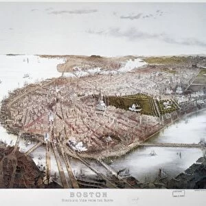 BOSTON, 1877. Birds eye view of Boston from the north. Lithograph, 1877, by John Bachmann