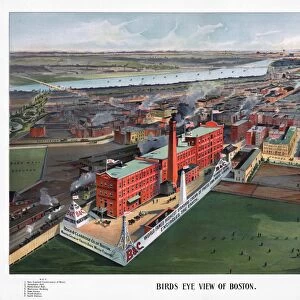 BOSTON, 1902. Birds eye view of Boston, Massachusetts, looking towards the Charles River and Boston Harbor, with a Beach & Clarridge bottling plant prominently featured in the foreground. Lithograph, 1902, by George H. Walker & Company