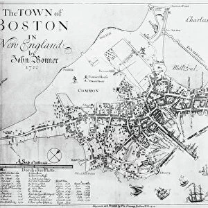 BOSTON MAP, 1722. A map of Boston, Massachusetts, by John Bonner. Line engraving, 1722