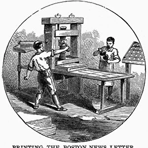 BOSTON: PRINTERS. Printing the Boston News-Letter in the early 18th century. Line engraving, 19th century