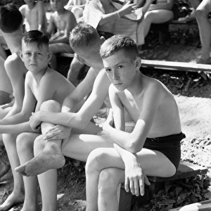 BOY SCOUT CAMP, 1942. Boy Scouts at a swimming class at Boy Scout Camp in Florence, Alabama