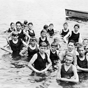 BOY SCOUT CAMP, c1919. Boy Scouts swimming at Camp Ranachqua in Narrowsburg, New York