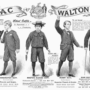BOYS FASHION, 1897. Advertisement from an English magazine of 1897 for school outfits for boys, including boys attending Eton College (left)