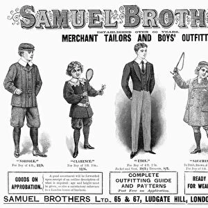 BOYS FASHION, 1898. Advertisement from an English newspaper of 1898 for boys outfits, including one worn by students at Eton College