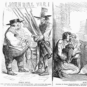 BRITAIN AND CIVIL WAR, 1862. American cartoon, 1862, on Britains aid to the Confederacy in the American Civil War and the hardships endured by the British working class resulting from the disruption of trade with the United States