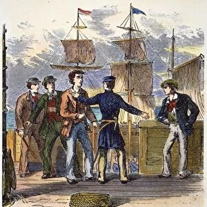 BRITISH: IMPRESSMENT, 1800s. The British impressment of American seamen prior to the War of 1812: colored engraving, 19th century