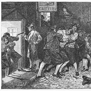 BRITISH PRESS-GANG, c1760s. A press-gang operating in New York during the years leading up to the American Revolutionary War. Wood engraving after a drawing, 1879, by Howard Pyle