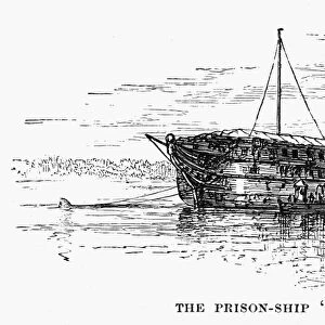 The British prisoner ship, HMS Jersey, anchored off Brooklyn during the British occupation of New York in the American Revolutionary War. Wood engraving, 19th century