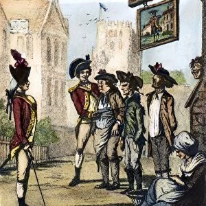 Two British regulars recruiting in the street outside a London alehouse: cartoon, 1770s