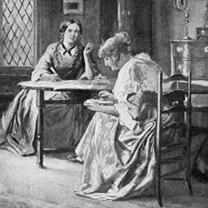 BRONT├ï SISTERS. Charlotte (1816-1855), Emily Jane (1818-1848) and Anne (1820-1849) Bront├½ writing in the rectory at Haworth, in Yorkshire, England. Engraving after a watercolor, English, 19th century