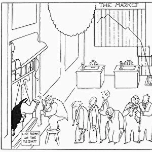 Brookers line up to throw themselves out of the window after the stock market crash of 29 October 1929. Contemporary American cartoon