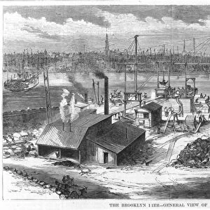 BROOKLYN BRIDGE, 1870. Exterior view of the caisson at the Brooklyn end of the bridge. Wood engraving, American, 1870