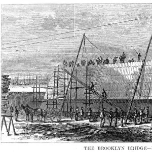 BROOKLYN BRIDGE, 1870. Exterior view of the caisson at the Brooklyn end of the bridge. Line engraving, 1870