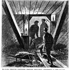 BROOKLYN BRIDGE, 1870. Laborers in the caisson at the Brooklyn end of the bridge. Line engraving, 1870