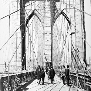 BROOKLYN BRIDGE, 1893. View of the Manhattan tower of the Brooklyn Bridge, from the pedestrian promenade, 1893