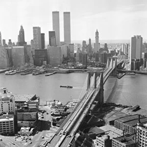BROOKLYN BRIDGE, 1978. Looking northwest over the Brooklyn Bridge to Manhattan, New York