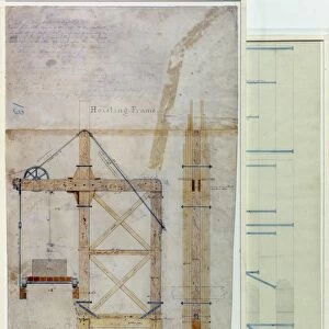 BROOKLYN BRIDGE: DIAGRAM. Original drawing for the frame built for hoisting stone during the construction of the Brooklyn Bridge, c1880