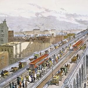 BROOKLYN BRIDGE TRAFFIC. Traffic on the Brooklyn Bridges five side-by-side roads--two for horse-drawn vehicles, two for trains, and one for pedestrians--shortly after its opening in 1883: contemporary colored engraving