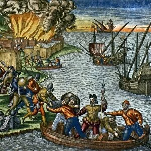 DE BRY: CHICORA, 1590. The land of Chicora, Cuba, is burned by French explorers. Color copper engraving by Theodore de Bry, 1590