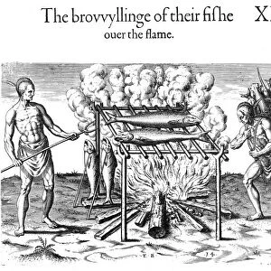 DE BRY: NATIVE AMERICAN COOKING. The browylinge of their fishe over the flame (Powhatan Indians). Line engraving by Theodor de Bry after John White, 1590, from Thomas Harriots New Found Land of Virginia
