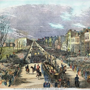 BUCHANAN INAUGURATION. The inaugural procession of President James Buchanan along Pennsylvania Avenue, Washington, D. C. on 4 March 1857: contemporary engraving