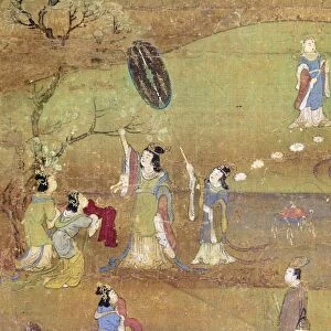 The Buddha is born out of the side of Queen Maya as she reaches up to a branch in her garden. Japanese silk painting, early 13th century