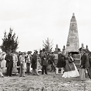 BULL RUN MONUMENT, 1865. Dedication of the monument at the site of the Battle of Bull Run, Virginia. Judge Abram B. Olin of Washington, D. C. who delivered the dedication address, stands by the rail. Photograph by William Morris Smith, 10 June 1865